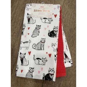Set 3 CATS Black White Red Kitchen Towels Cat Mom Pink Hearts Mothers Day NEW
